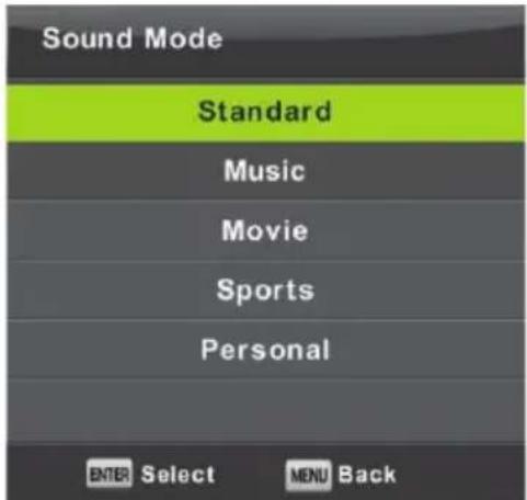 Sound Mode Standard Music Movie Sports Personal ENTER Select MENU Back