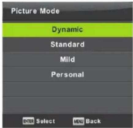 Picture Mode Dynamic Standard Mild Personal ENTER Select MENU Back