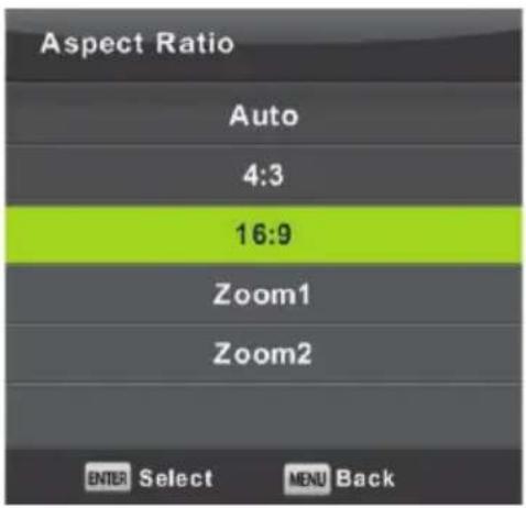 Aspect Ratio Auto 4:3 16:9 Zoom1 Zoom2 ENTER Select MENU Back