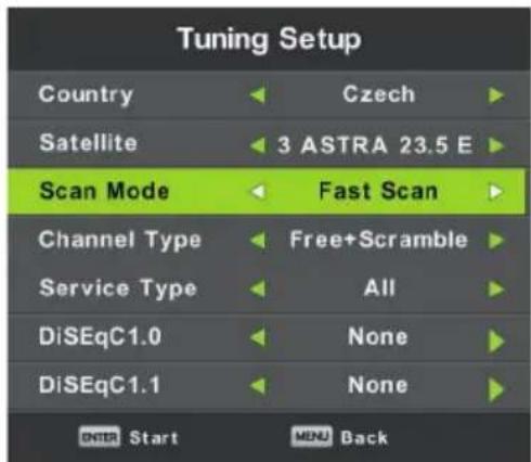 Tuning Setup Country Czech Satellite 3 ASTRA 23.5 E Scan Mode Fast Scan Channel Type Free+Scramble Service Type All DiSEqC1.0 None DiSEqC1.1 None ENTER Start MDU Back