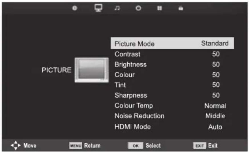 Picture Mode Contrast Brightness Colour Tint Sharpness Colour Temp Noise Reduction HDMI Mode Standard 50 50 50 50 Normal Middle Auto