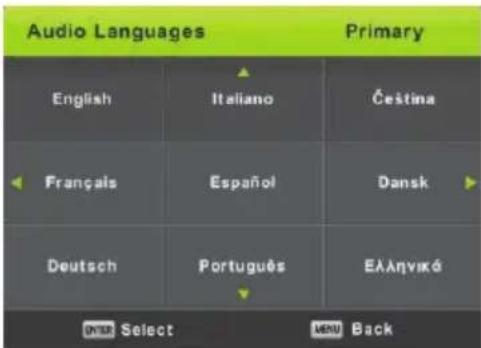 Audio Languages Primary English Italiano Čestina Français Español Dansk Deutsch Português Ελληνικό ENTER Select MENU Back