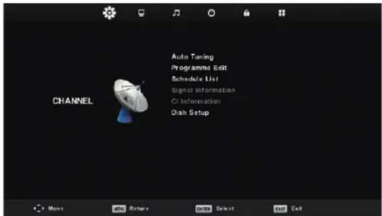 CHANNEL Auto Tuning Programme Edit Schedule List Signal Information CI Information Dish Setup