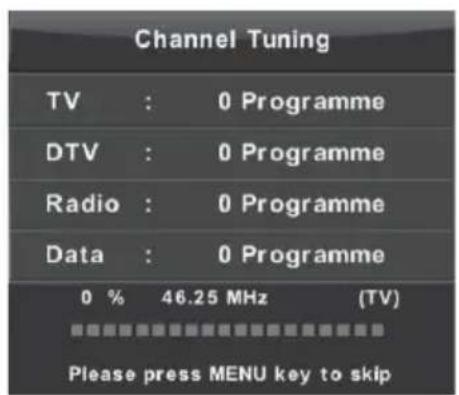 Channel Tuning TV : 0 Programme DTV : 0 Programme Radio : 0 Programme Data : 0 Programme 0 % 46.25 MHz (TV) Please press MENU key to skip