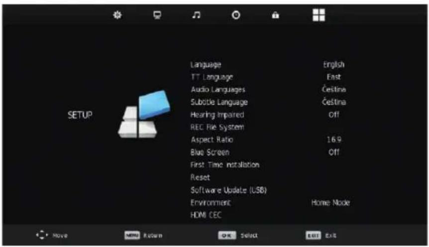 Language TT Language Audio Languages Subtitle Language Hearing Impaired REC File System Aspect Ratio Blue Screen First Time installation Reset Software Update (USB) Environment HDMI CEC English East Čestina Čestina Off 16.9 Off Home Mode OK Select Exit Exit