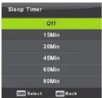 Sleep Timer Off 15Min 30Min 45Min 60Min 90Min OK Select MENU Back