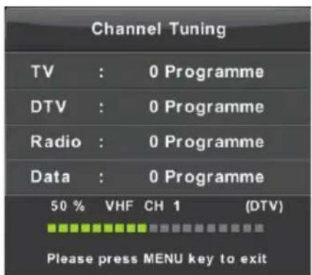 Channel Tuning TV : 0 Programme DTV : 0 Programme Radio : 0 Programme Data : 0 Programme 50 % VHF CH 1 (DTV) Please press MENU key to exit