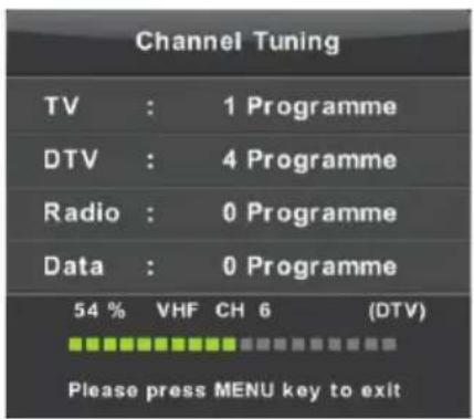 Channel Tuning TV : 1 Programme DTV : 4 Programme Radio : 0 Programme Data : 0 Programme 54 % VHF CH 6 (DTV) Please press MENU key to exit