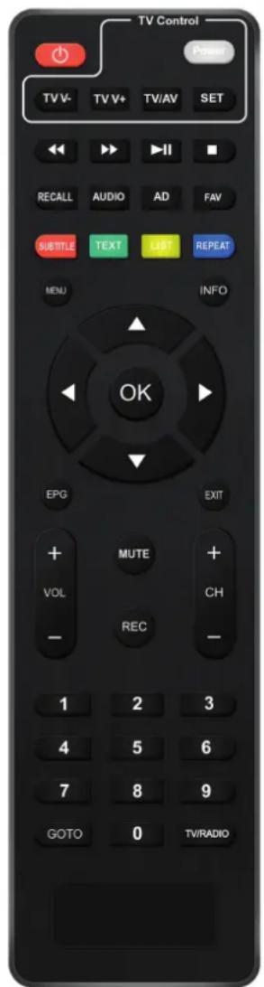 TV Control Power TV V- TV V+ TV/AV SET RECALL AUDIO AD FAV SUBTITLE TEXT LET REPEAT MENU INFO OK EPG EXIT + MUTE + VOL CH REC - 1 2 3 4 5 6 7 8 9 GOTO 0 TV/RADIO