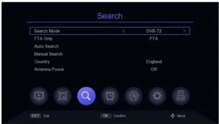 Search Search Mode < DVB-T2 > FTA Only FTA Auto Search Manual Search Country England Antenna Power Off EXIT Exit OK Confirm Move