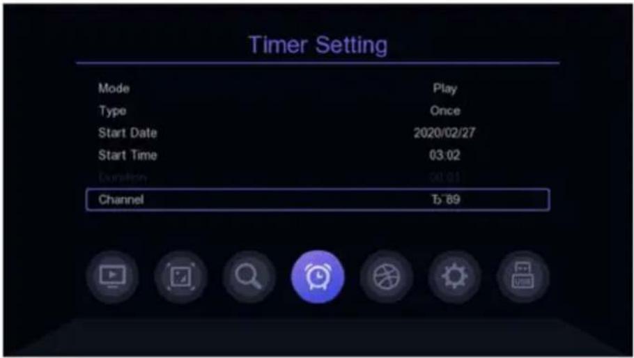 Timer Setting Mode Play Type Once Start Date 2020/02/27 Start Time 03:02 Duration 04:01 Channel 5:89