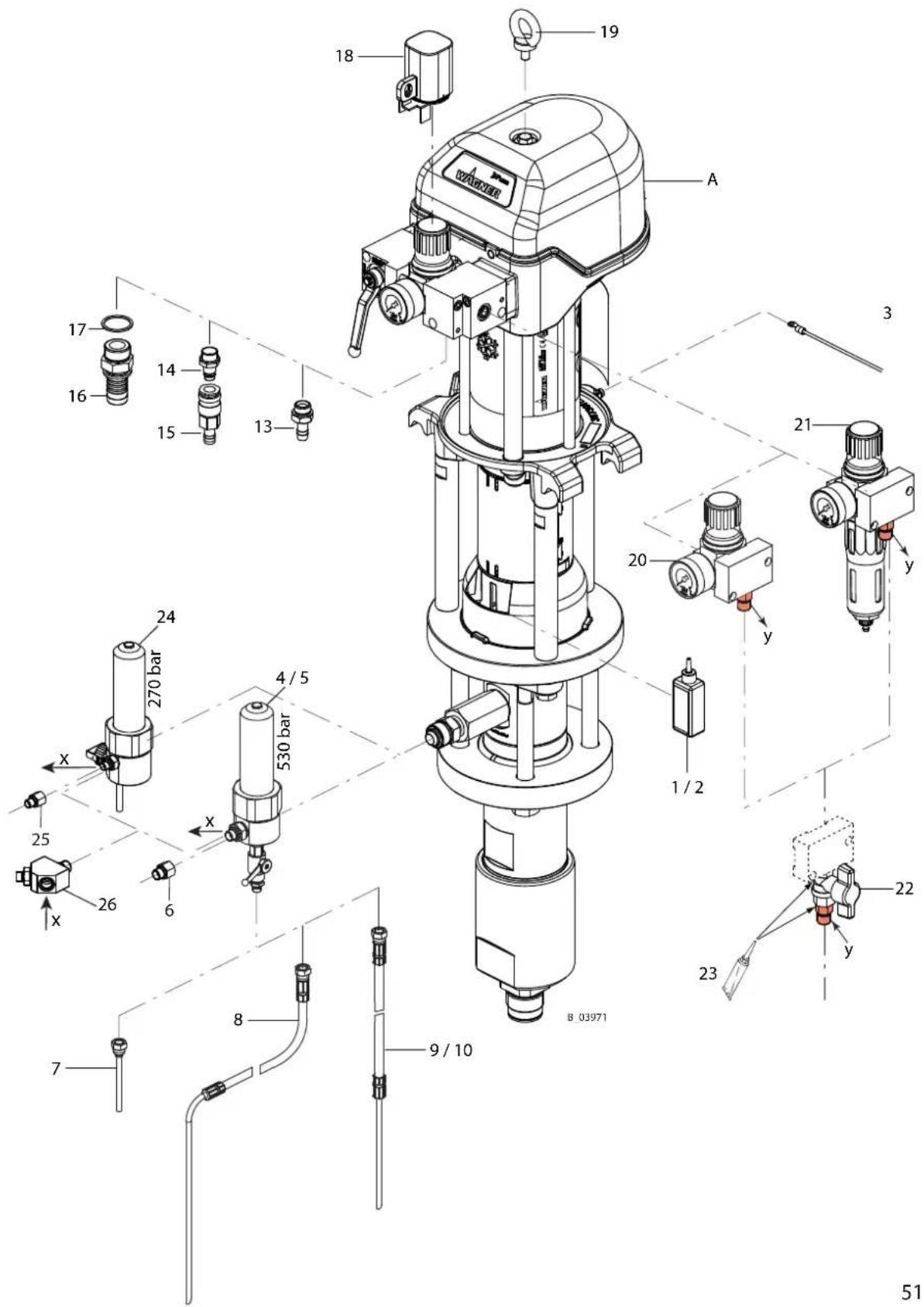 Technical diagram of a mechanical device with numbered components and labeled parts, including drill bit, pressure gauges, and pressure relief.