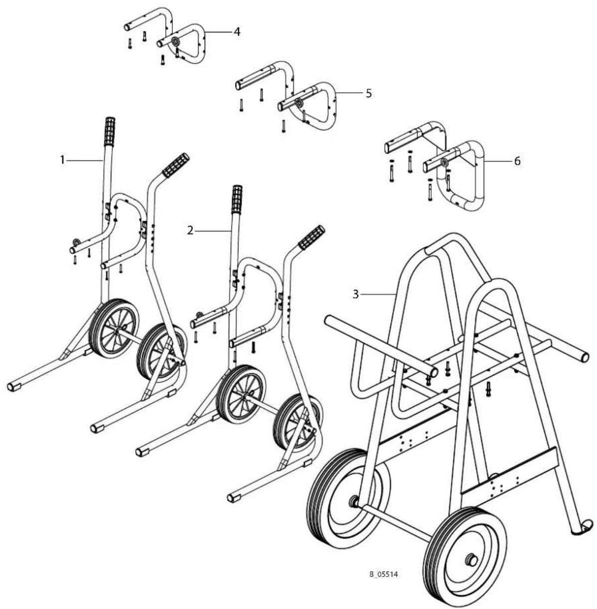 Technical diagram of a wheeled cart with numbered components and labeled parts, including wheels, guide rails, and support structures.