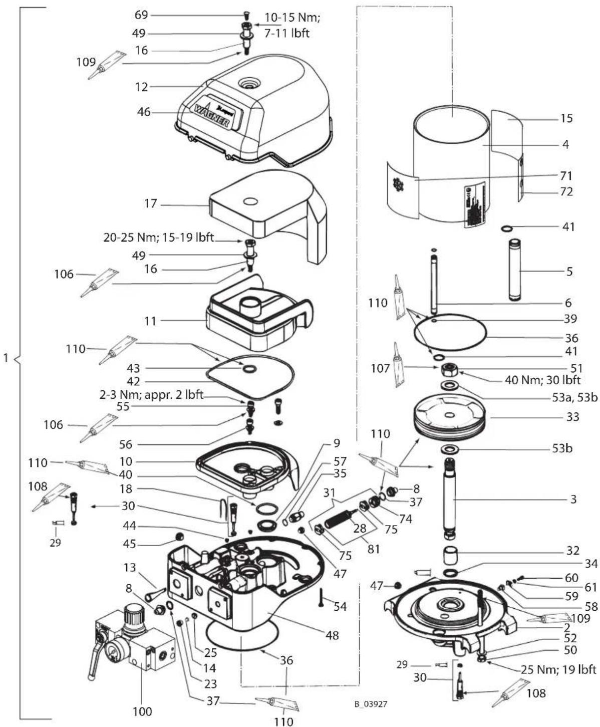 69 10-15 Nm; 49 7-11 lbft 16 109 12 46 WAGNER 17 20-25 Nm; 15-19 lbft 49 16 106 11 110 43 42 2-3 Nm; appr. 2 lbft 55 106 56 10 40 18 30 44 45 13 8 100 29 108 110 9 57 35 31 28 75 81 47 54 48 25 14 23 37 36 110 110 15 4 71 72 41 5 6 39 36 41 51 40 Nm; 30 lbft 53a, 53b 33 53b 3 32 34 60 61 59 58 109 2 52 50 29 30 25 Nm; 19 lbft B_03927
