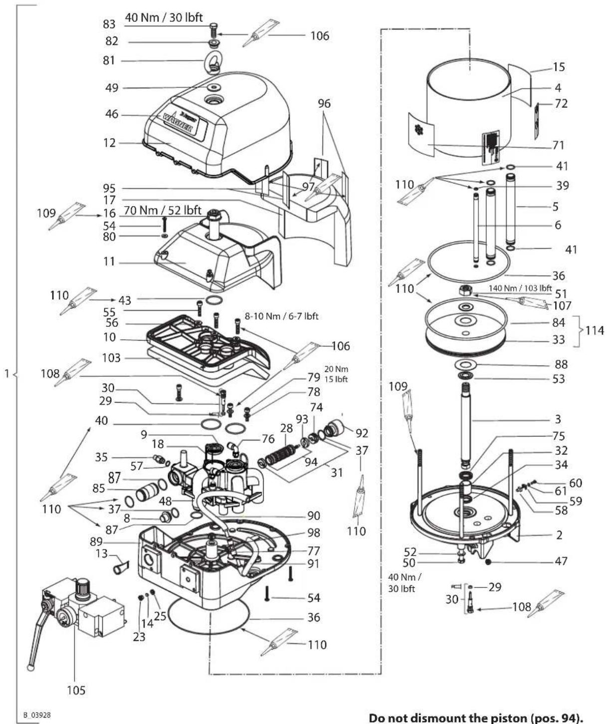 83 40 Nm / 30 lbft 82 106 81 49 46 12 96 109 95 17 70 Nm / 52 lbft 54 80 11 110 43 55 56 10 103 108 30 29 40 9 18 35 57 87 85 110 37 8 87 89 13 14 23 25 105 110 97 79 78 74 76 93 94 90 98 77 91 54 36 110 106 20 Nm 15 lbft 8-10 Nm / 6-7 lbft 110 140 Nm / 103 lbft 36 51 107 84 33 114 88 53 109 3 75 32 34 60 59 58 2 47 52 50 40 Nm / 30 lbft 29 30 108 B 03928 Do not dismount the piston (pos. 94).