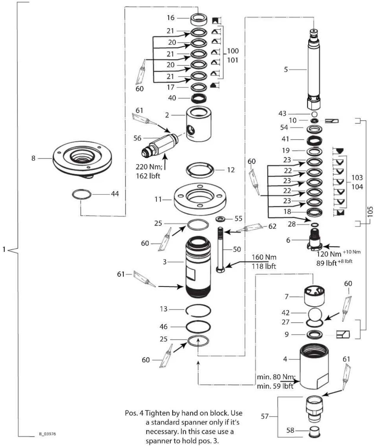 1 8 44 60 17 40 21 20 21 20 21 16 100 101 61 2 56 220 Nm; 162 lbft 12 11 25 60 3 61 13 46 25 60 55 50 160 Nm 118 lbft 62 60 5 43 10 54 41 19 23 22 23 22 23 18 28 6 120 Nm +10 Nm 89 lbft +8 lbft 103 104 105 60 7 42 27 9 4 61 min. 80 Nm; min. 59 lbft 57 58 Pos. 4 Tighten by hand on block. Use a standard spanner only if it's necessary. In this case use a spanner to hold pos. 3. B_03976