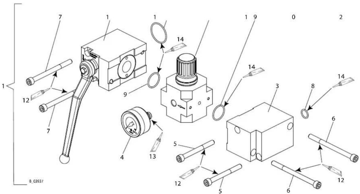Technical diagram of mechanical components with numbered parts, likely a valve or actuator assembly