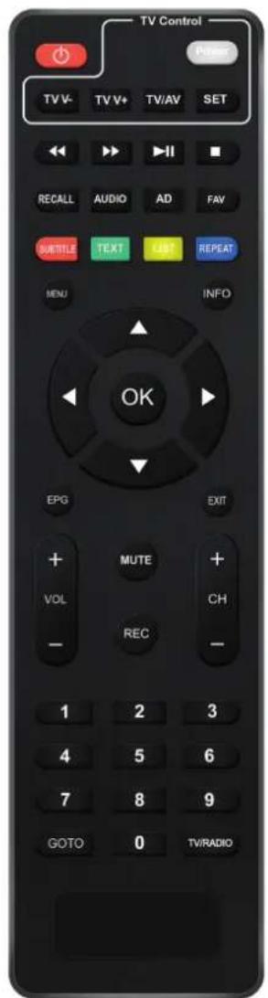 TV Control TV V- TV V+ TV/AV SET RECALL AUDIO AD FAV BUTTER TEXT REP MENU INFO OK EPG EXIT + MUTE + VOL CH REC 1 2 3 4 5 6 7 8 9 GOTO 0 TV/RADIO