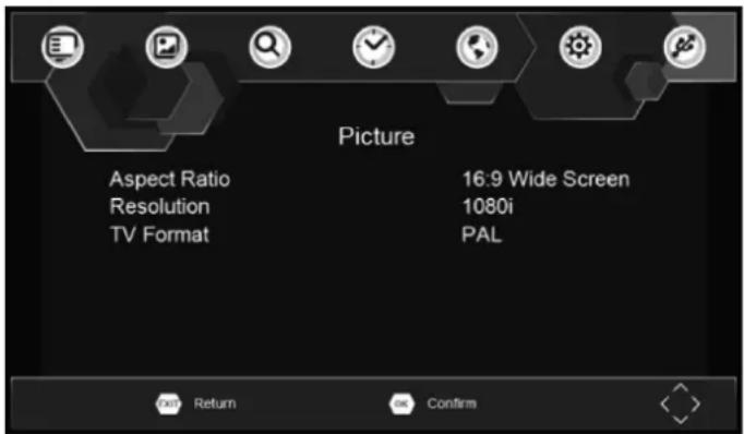 Picture Aspect Ratio Resolution TV Format 16:9 Wide Screen 1080i PAL Return Confirm