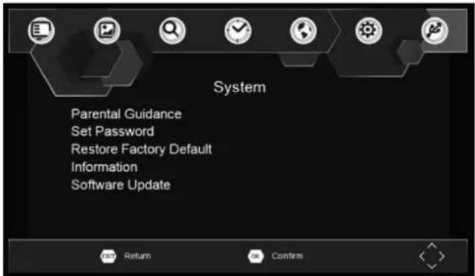 System Parental Guidance Set Password Restore Factory Default Information Software Update