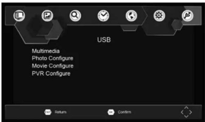 USB Multimedia Photo Configure Movie Configure PVR Configure OK Return OK Confirm