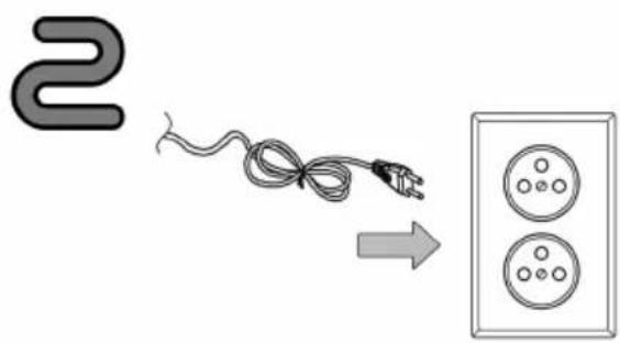 Diagram showing a cable being connected to an electrical outlet with three outlets, accompanied by a wavy line labeled '2'.