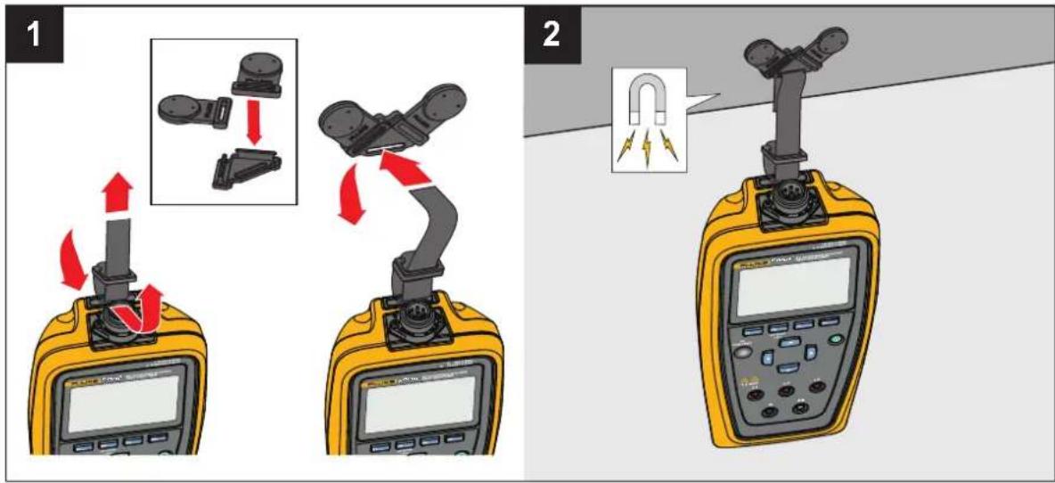 Diagram illustrating the step-by-step installation of a handheld device with red arrows indicating motion, showing device assembly and measurement setup.