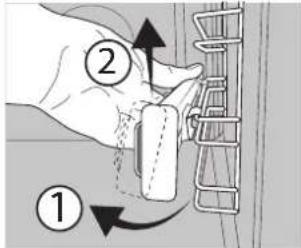 Diagram showing a hand holding a device with two labeled arrows indicating rotation or movement steps.