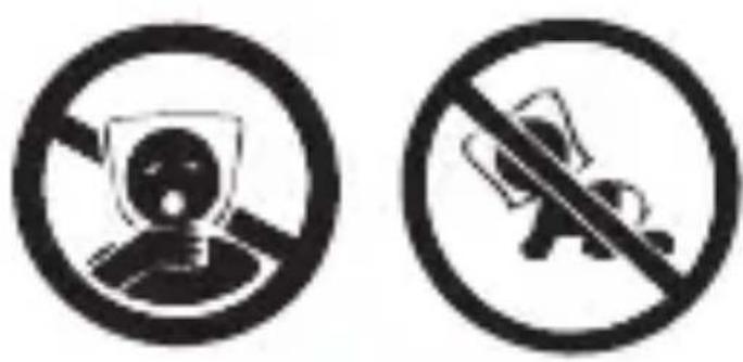 Two prohibition signs: one with a person wearing a mask crossed out by a diagonal line, the other with a person holding a tool.