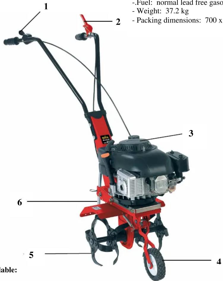 1 2 3 6 5 4 Fuel: normal lead free gaso Weight: 37.2 kg Packing dimensions: 700 x able:
