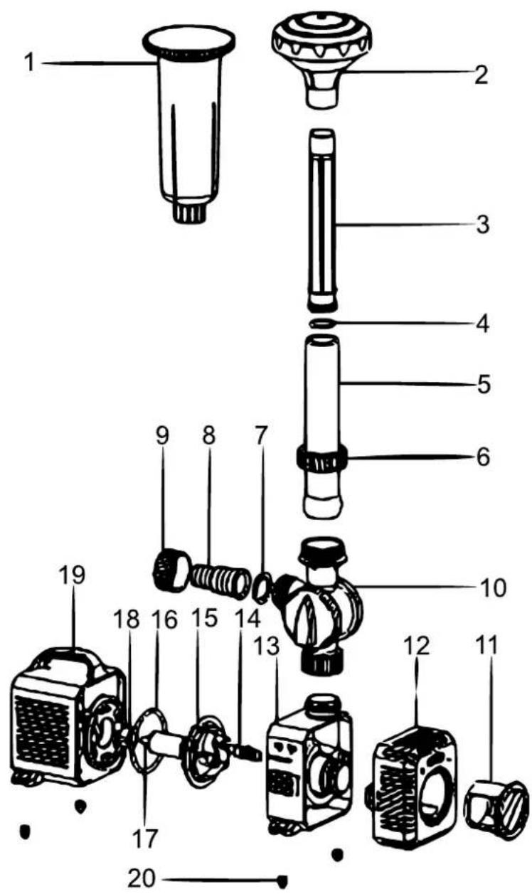 Exploded view diagram of a mechanical device with numbered parts for identification