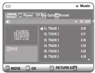 CD Audio: Repeat : Off Path Options Normal 01. TRACK 1 02. TRACK 2 03. TRACK 3 04. TRACK 4 05. TRACK 5 06. TRACK 6 00: S201.70 MOVE OK RETURN EXIT