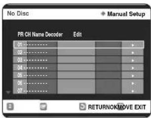 No Disc PR CH Name Decoder Edit 01............ 02............ 03............ 04............ 05............ 06............ 07............ RETURNOKMOVE EXIT