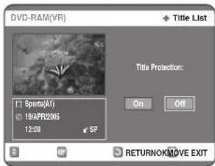 DVD-RAM(VR) Title List Title Protection: On Off Sports(AI) 18APR20G 12:00 SP RETURNOK/MOVE EXIT