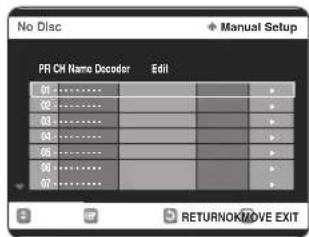 No Disc PR CM Name Decoder Edit 01............ + 02............ + 03............ + 04............ + 05............ + 06............ + 07............ + RETURNOK/MOVE EXIT
