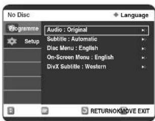 No Disc Language Programme Audio : Original Subtitle : Automatic Disc Menu : English On-Screen Menu : English DivX Subtitle : Western RETURNOKMOVE EXIT