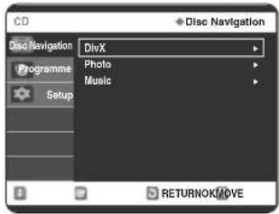 CD Disc Navigation Programme Setup DivX Photo Music RETURNOK/MOVE