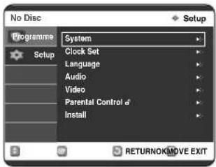 No Disc Setup Programme Setup System Clock Set Language Audio Video Parental Control d Install RETURNOKMOVE EXIT
