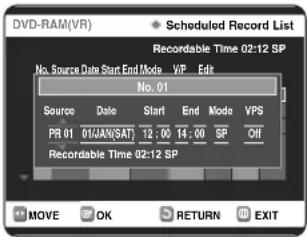 DVD-RAM(VR) Scheduled Record List Recordable Time 02:12 SP No. Source Date Start End Mode VIP Edit No. 01 Source Date Start End Mode VPS PR 01 01JAN/SAT 12:00 14:00 SP Off Recordable Time 02:12 SP MOVE OK RETURN EXIT
