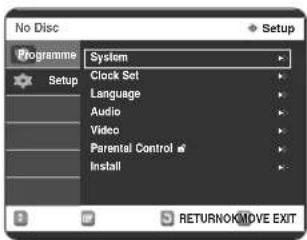 No Disc Setup Programme Setup System Clock Set Language Audio Video Parental Control # Install RETURNOKMOVE EXIT