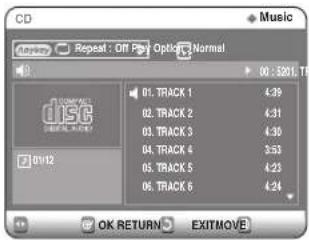CD Music Anyway Repeat : Off Pass Options: Normal 01: 301.19 01. TRACK 1 4:39 02. TRACK 2 4:31 01. TRACK 3 4:35 04. TRACK 4 3:33 05. TRACK 5 4:25 06. TRACK 6 4:24 OK RETURN EXITMOVE