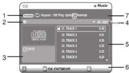 CD Music Repeat : Off Play Options Normal 01/12 31. TRACK 1 4:39 02. TRACK 2 4:38 03. TRACK 3 4:30 04. TRACK 4 3:33 05. TRACK 5 4:28 06. TRACK 6 4:24 OK EXITMOVE