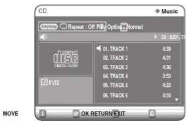 CD Music Options Repeat : Off Play Options Normal 01. TRACK 1 4:39 02. TRACK 2 4:31 03. TRACK 3 4:30 04. TRACK 4 3:53 05. TRACK 5 4:23 06. TRACK 6 4:24 MOVE OK RETURN EXIT