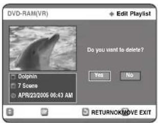 DVD-RAM(VR) Edit Playlist Do you want to delete? Yes No Dolphin 7 Scene APR/23/2005 06:43 AM RETURNOK/MOVE EXIT