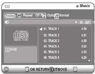 CD Music Options Repeat: Off Perf Optic: Normal 01. TRACK 1 4:38 02. TRACK 2 4:31 03. TRACK 3 4:30 04. TRACK 4 3:33 05. TRACK 5 4:23 06. TRACK 6 4:24 OK RETURN EXITMOVE