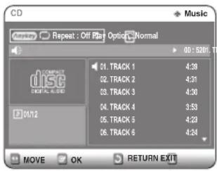 CD Music Anyway Repeat : Off Play Options Normal 00:5201.70 COMPACT DISC DIGITAL CARD 01/12 01. TRACK 1 4:39 02. TRACK 2 4:31 03. TRACK 3 4:30 04. TRACK 4 3:53 05. TRACK 5 4:23 06. TRACK 6 4:24 MOVE OK RETURN EXIT