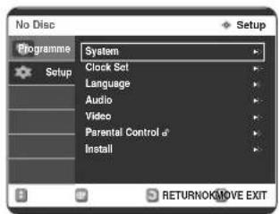 No Disc Setup Programme Setup System Clock Set Language Audio Video Parental Control d Install RETURNOKMOVE EXIT