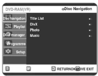 DVD-RAM(VR) Disc Navigation Title List DivX Photo Music Programme Setup RETURNOK/MOVE EXIT