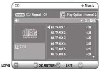CD MyTrip Repeat : Off Play Option : Normal 01:5012 DISTR 01: TRACK 1 4.39 02: TRACK 2 4.31 03: TRACK 3 4.30 04: TRACK 4 3.53 05: TRACK 5 4.23 06: TRACK 6 4.24 MOVE OK RETURN EXIT