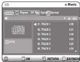 CD Music Options: Off Pop Options: Normal 01: 501.70 01. TRACK 1 4:39 02. TRACK 2 4:31 03. TRACK 3 4:30 04. TRACK 4 3:53 05. TRACK 5 4:23 06. TRACK 6 4:24 OK RETURN EXITMOVE